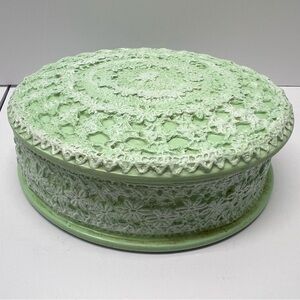 Vintage Mint Green Jewelry Trinket Box 7" Small Flowers Poss Old Talcum Powder